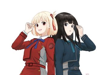 2girls black_hair blonde_hair blue_dress commentary_request dress grey_dress hair_ribbon inoue_takina kotto-koto long_hair long_sleeves lycoris_recoil lycoris_uniform multiple_girls neck_ribbon nishikigi_chisato open_mouth pleated_dress purple_eyes red_dress red_eyes red_ribbon ribbon shirt short_hair simple_background smile two-tone_dress white_background