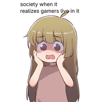 1girl ahoge black_eyes brown_shirt commentary english_commentary english_text green_hair hair_ornament hands_on_own_cheeks hands_on_own_face highres open_mouth orenjipiiru original shaded_face shirt solo t-shirt upper_body wavy_mouth