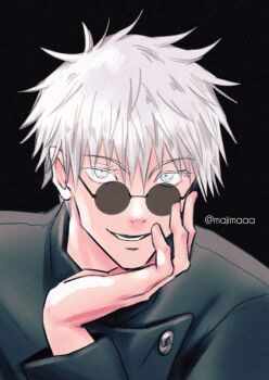 1boy black_background commentary_request film_grain gojou_satoru head_rest jujutsu_kaisen jujutsu_tech_uniform majimaaa male_focus open_mouth portrait simple_background smile solo sunglasses twitter_username white_eyes white_hair