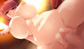 1boy 1girl animated animated_gif atelier_kaguya bed blush bouncing_breasts breasts censored cowgirl_position game_cg hetero honky-tonk_pumpkin huge_breasts indoors light long_hair love_tore_~ecchi_na_ren'ai_training~ mosaic_censoring navel nipples penis ponytail purple_eyes pussy red_hair saitou_reika sex straddling sweat thighs vaginal yoppy