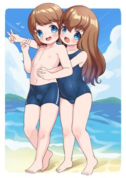 1boy 1girl absurdres beach blue_eyes blue_one-piece_swimsuit brother_and_sister brown_hair covered_navel highres loli long_hair male_swimwear nokino one-piece_swimsuit open_mouth original outdoors school_swimsuit shota siblings swim_trunks swimsuit twins v