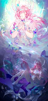 1girl absurdres amphoreus_(honkai:_star_rail) aqua_hair bare_shoulders breasts changze0331 chinese_commentary closed_eyes commentary_request cyrene_(honkai:_star_rail) cyrene_(ripples_of_past_reverie)_(honkai:_star_rail) dress earrings gradient_hair halo high_heels highres honkai:_star_rail honkai_(series) jewelry large_breasts long_hair mobius_strip multicolored_hair multiple_views own_hands_together parted_lips pink_hair pointy_ears purple_eyes ring two-tone_hair very_long_hair wedding_ring white_dress