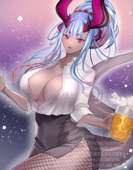 1girl absurdres alcohol beer beer_mug black_skirt blue_hair blush breasts cleavage collared_shirt colored_skin commentary_request cup dress_shirt fate/grand_order fate_(series) fishnet_pantyhose fishnets grey_skin hair_bun highres horns ibuki_douji_(event_portrait)_(fate) ibuki_douji_(fate) ibuki_douji_(swimsuit_berserker)_(fate) large_breasts long_hair long_sleeves looking_at_viewer miniskirt mug multicolored_hair office_lady oni open_mouth pantyhose pencil_skirt pink_hair pointy_ears red_eyes ri-ko shirt sidelocks single_hair_bun skirt smile solo tail thighs white_shirt