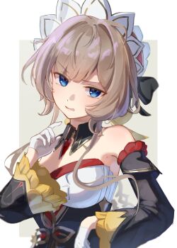 Rule 34 | 1girl, absurdres, bare shoulders, black bow, black collar, black dress, black sleeves, bow, breasts, brown hair, collar, commentary, detached collar, detached sleeves, dress, gem, genshin impact, gloves, grey background, hair bow, half gloves, highres, looking at viewer, medium breasts, nemui jinrui, open mouth, peanut mouth, red gem, sandrone (genshin impact), short hair with long locks, solo, strapless, strapless dress, two-tone background, upper body, white background, white dress, white gloves, white headdress, wide sleeves, winding key, yellow bow