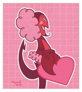 1boy belt black_belt black_eyes black_hair black_thighhighs boots colored_sclera colored_skin crab_claw demon demon_boy dress evil_grin evil_smile facial_hair from_behind from_side fur-trimmed_collar fur_trim goatee green_sclera grid_background grin hair_slicked_back heart high_heels highres him_(powerpuff_girls) holding holding_heart incoming_gift leg_up magnolia-belle male_focus pink_background pink_fur powerpuff_girls red_dress red_skin signature smile teeth thigh_boots thighhighs valentine