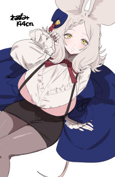 1girl :o animal_ears black_skirt blue_cape blue_hat braid breasts brown_pantyhose cape commentary_request cowboy_shot dutch_angle eurasia_(wtp09ptw14) frilled_sleeves frills grey_hair hand_up hat height highres large_breasts long_sleeves looking_at_viewer medium_hair mini_hat miniskirt open_mouth original pantyhose parted_bangs shirt simple_background sitting skirt sleeves_past_wrists solo tareme translation_request white_background white_mouth white_shirt yellow_eyes