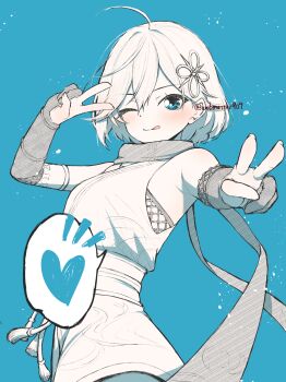 1girl ahoge bare_shoulders blue_background blue_eyes blush breasts closed_mouth commentary cowboy_shot double_v elbow_gloves fishnet_top fishnets flower_knot gloves greyscale_with_colored_background hair_between_eyes heart highres japanese_clothes katsuragi_(webmaster909) kimono looking_at_viewer medium_breasts ninja_(romancing_saga_2) partially_fingerless_gloves romancing_saga_2 saga short_hair sleeveless sleeveless_kimono smile solo speech_bubble spoken_heart spot_color tongue tongue_out twitter_username v v_over_eye