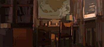 bedroom bookshelf chair cup desk highres indoors lamp map morning no_humans original painterly scenery smumji1 window window_blinds window_light