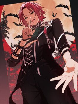 1boy bat_(animal) black_nails commentary corset cowboy_shot curtained_hair ensemble_stars! evil_telephone_(ensemble_stars!) fingernails from_below green_eyes hand_up highres index_finger_raised isara_mao long_sleeves looking_at_viewer male_focus moon nail_polish offering_hand open_hand pisu_(pisutatio92) red_hair short_hair smile solo