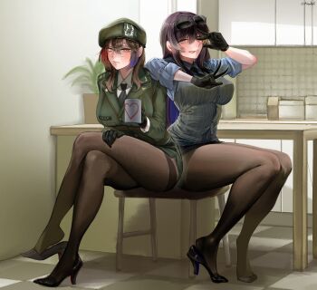 2girls absurdres alina_svard_kovalenko_(laotianaviator) beret black_hair blue_hair breasts brown_eyes brown_hair commentary commission cup drinking_glass english_commentary eyewear_on_head glasses gloves hair_between_eyes hat high_heels highres holding holding_cup indoors large_breasts long_hair long_sleeves looking_at_viewer m4skedboi miniskirt mug multiple_girls necktie one_eye_closed original pantyhose red_hair seoyun_kovalenko_(laotianaviator) skirt stool sunglasses table tongue tongue_out v