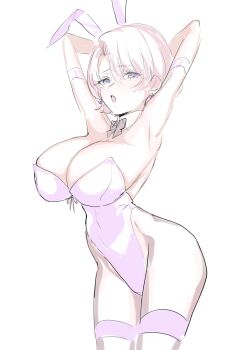 1girl animal_ear_hairband animal_ears arimura_mao arm_strap arms_behind_head breasts commentary_request detached_collar fake_animal_ears gakuen_idolmaster groin hairband highres hip_bones hip_dips idolmaster large_breasts leotard mogi_yasunobu pink_hair pink_leotard playboy_bunny rabbit_ear_hairband rabbit_ears solo thigh_strap wide_hips