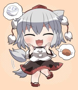 1girl :3 :d ^_^ animal_ears black_skirt blush boned_meat bowl chibi chibi_only closed_eyes commentary_request detached_sleeves facing_viewer fang food full_body geta grey_hair hands_up hat highres inubashiri_momiji meat open_mouth pom_pom_(clothes) red_hat red_sandals red_skirt rice rice_bowl rokugou_daisuke sandals shirt short_hair signature skirt sleeveless sleeveless_shirt smile solo spoken_food standing tail tokin_hat touhou two-tone_skirt v-shaped_eyebrows white_shirt white_sleeves wide_sleeves wolf_ears wolf_girl wolf_tail