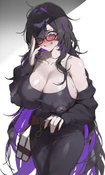 1girl absurdres belt black_dress black_hair blush breasts brown_belt cleavage collarbone colored_inner_hair commentary covered_erect_nipples dress glasses goddess_of_victory:_nikke hashtag-only_commentary highres huge_breasts label_(nikke) long_hair long_sleeves mole mole_on_breast multicolored_hair off_shoulder parted_lips puffy_nipples purple_hair samart simple_background solo symbol-only_commentary two-tone_hair very_long_hair white_background