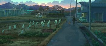 1other ambiguous_gender building car commentary_request jpeg_artifacts kgpmdn268 morning motor_vehicle original outdoors pet_walking power_lines road rural scenery utility_pole wide_shot