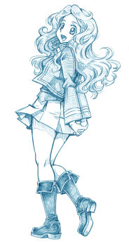 1girl arms_behind_back bbb_(friskuser) bc_freedom_military_uniform blue_theme boots commentary from_behind full_body girls_und_panzer heel_up highres interlocked_fingers isabe_(girls_und_panzer) jacket long_hair long_sleeves looking_at_viewer looking_back military_uniform miniskirt monochrome open_mouth own_hands_together pleated_skirt skirt smile solo standing vest wavy_hair