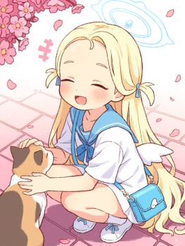 Rule 34 | 1girl, bag, blonde hair, blue archive, blue halo, blue sailor collar, blush, cat, closed eyes, forehead, halo, long hair, onyhakase, petals, petting, sailor collar, shoes, smile, solo, sora (blue archive), squatting, white shoes, wings