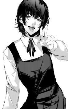 Rule 34 | 1girl, absurdres, black hair, blazpu, cowboy shot, eri (sayonara eri), greyscale, highres, long sleeves, looking at viewer, monochrome, neck ribbon, open mouth, ribbon, sayonara eri, school uniform, shirt, simple background, smile, solo, tongue, tongue out, v, white background, white shirt