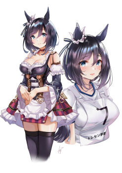 1girl animal_ears black_hair black_thighhighs blue_eyes bodice bow breasts choker cleavage commentary_request crying crying_with_eyes_open detached_sleeves dirndl ear_ornament ear_ribbon eishin_flash_(meisterschaft)_(umamusume) eishin_flash_(umamusume) german_clothes hair_between_eyes highres horse_ears horse_girl horse_tail koji_(kojikojimdw) looking_at_viewer multiple_views red_choker shirt signature simple_background tail tears thighhighs umamusume white_background white_shirt