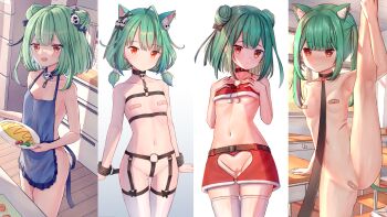 1girl absurdres ahoge animal_ear_fluff animal_ears apron aqua_hair arm_up armpits bandaid bandaid_on_pussy bandaids_on_nipples bare_arms bare_shoulders bdsm belt belt_buckle black_bow black_choker blue_apron blue_collar blue_ribbon blunt_bangs blush bow breasts buckle carrot cat_ears cat_girl cat_tail censored choker classroom closed_mouth clothing_cutout collar collarbone commentary_request convenient_censoring cooking crop_top crotchless cutting_board desk detached_collar double_bun ear_piercing earrings extra_ears fang feet_out_of_frame female_focus flat_chest food full_body fur_trim ghost_earrings gluteal_fold gradient_background green_eyes green_hair grey_background hair_bow hair_bun hair_ornament hair_ribbon hands_on_own_chest harness heart heart-shaped_pupils heart_cutout heart_earrings highres holding holding_ladle holding_plate hololive huge_filesize indoors jewelry kitchen ladle leash loli long_hair looking_at_viewer microwave miniskirt naked_apron navel omelet omurice onion pasties piercing plate pom_pom_(clothes) pussy pussy_peek ray_peng red_eyes red_skirt refrigerator revision ribbon santa_costume school_desk short_hair short_twintails sidelocks simple_background sink skindentation skirt skull_earrings skull_hair_ornament slave sleeveless small_breasts smile solo split standing standing_on_one_leg standing_split stomach symbol-shaped_pupils tail thighhighs twintails uncensored underboob unworn_clothes uruha_rushia vegetable viewer_holding_leash virtual_youtuber white_background white_thighhighs