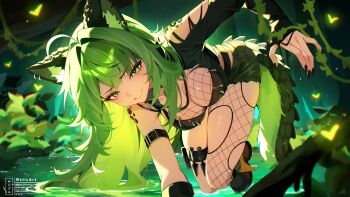 absurdres animal_ears boots character_request cleavage_cutout clothing_cutout commentary copyright_request earrings english_commentary fishnet_pantyhose fishnets green_eyes green_hair grin highres in_water jewelry lizard_tail looking_at_viewer mole nail_polish pantyhose plant sharp_tail shorts smile tail water weiic wetland