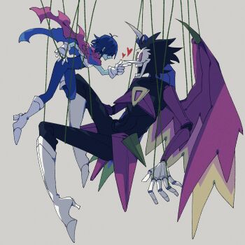 1boy 1other 2525nicc armor black_hair blue_bodysuit blue_hair blue_skin bodysuit boots colored_skin deltarune doll_joints finger_to_another&#039;s_nose full_body gloves grey_background highres joints kris_(dark_world)_(deltarune) kris_(deltarune) long_nose multicolored_wings pointy_nose puppet_strings short_hair simple_background size_difference spamton_g._spamton spamton_neo striped_cape utdr_(toby_fox) white_boots white_gloves wings