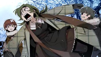 Rule 34 | 1boy, 2girls, angry, apron, asya shubina, bandaid, bandaid on hair, bandaid on head, black apron, black gloves, black hair, black jacket, blue background, brown dress, brown hair, brown scarf, clenched teeth, coat, dress, dutch angle, fur-trimmed jacket, fur trim, game cg, gloves, green hair, green jacket, grin, jacket, looking at viewer, low ponytail, marina kaplan, medium hair, multiple girls, non-web source, nopanamaman, official art, open clothes, open coat, open mouth, outdoors, photo background, pimple, plaid clothes, plaid jacket, ponytail, scarf, school uniform, screaming, self-datamine, short hair, smile, snowing, soviet school uniform, teeth, throwing, vadim garin, white scarf, z.a.t.o. // i love the world and everything in it