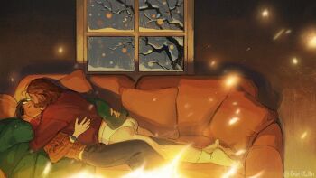 Rule 34 | 2boys, bare tree, black hair, blazer, blurry, bokeh, boy on top, brown hair, burning, commentary, couch, depth of field, disco elysium, embers, eyewear on head, facial hair, fire, full body, glasses, hand on another's back, harry du bois, highres, indoors, jacket, kim kitsuragi, kiss, male focus, male underwear, multiple boys, mutton chops, no pants, orange sweater, red sweater, sexually suggestive, short hair, snow, socks, sweater, untranslatable commentary, tree, underwear, uni barti, unworn jacket, watch, white male underwear, white socks, window, wristwatch, yaoi