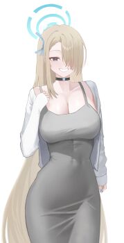 Rule 34 | 1girl, absurdres, alternate costume, asuna (blue archive), asymmetrical bangs, black choker, blonde hair, blue archive, blush, bomjija, breasts, choker, cleavage, collarbone, commentary, covered navel, dongtan dress, dress, grey dress, hair over one eye, halo, highres, jacket, large breasts, long hair, looking at viewer, one eye covered, simple background, sleeveless, sleeveless dress, smile, solo, straight hair, taut clothes, taut dress, very long hair, white background, white jacket