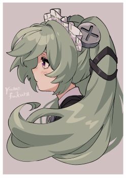 1girl artist_name black_dress blush closed_mouth commentary_request corin_wickes dress from_side green_hair hair_ornament highres long_hair looking_ahead maid maid_headdress pink_background portrait purple_eyes screw screw_hair_ornament solo twintails yumefukura zenless_zone_zero