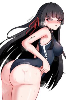 1girl ass bare_shoulders black_hair black_one-piece_swimsuit blush breasts chisa_(wuthering_waves) commentary cowboy_shot english_commentary from_side hair_ribbon highres jngen97 long_hair looking_at_viewer looking_to_the_side medium_breasts mole mole_under_eye nose_blush one-piece_swimsuit parted_lips red_eyes red_ribbon ribbon simple_background solo swimsuit tacet_mark_(wuthering_waves) thighs twitter_username very_long_hair wet white_background wuthering_waves