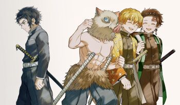4boys abs agatsuma_zenitsu belt black_jacket black_pants blonde_hair blue_eyes boar_mask brown_hair buttons checkered_haori clenched_hands closed_mouth demon_slayer_uniform hand_up haori hashibira_inosuke high_collar highres jacket japanese_clothes kaigaku kamado_tanjirou katana kimetsu_no_yaiba male_focus mosskmt multiple_boys muscular muscular_male open_mouth pants print_haori profile short_hair smile spiked_hair sword teeth triangle_print upper_teeth_only walking weapon white_belt