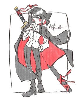 1girl black_hair black_jacket black_pants black_shoes blunt_bangs blunt_ends cigarette commentary_request full_body hand_on_own_hip inset_border jacket jacket_on_shoulders limbus_company outside_border pants project_moon red_eyes ryoshu_(project_moon) shirt shoes simple_background smoking solo ssmr_rolling standing sword sword_on_back weapon weapon_on_back white_background white_shirt