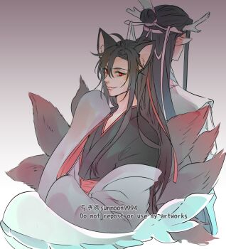 2boys ahoge animal_ears back-to-back black_hair black_hanfu chinese_clothes closed_mouth coat commentary_request couple dragon_boy dragon_horns eastern_dragon_horns english_text fox_boy fox_ears fox_tail gradient_background grey_coat hair_between_eyes hair_down hair_ornament hair_ribbon hair_stick half_updo hanfu headband horns kemonomimi_mode kitsune korean_text kyuubi lan_wangji long_hair long_sleeves male_focus modao_zushi multiple_boys multiple_tails off_shoulder official_alternate_costume official_alternate_hairstyle pointy_ears red_eyes red_ribbon red_sash ribbon ribboned_xiao_guan robe sash sidelocks sleeves_past_fingers sleeves_past_wrists smile sunmoon9994 tail tail_wrap topknot twitter_username upper_body wei_wuxian wei_wuxian_(yiling_laozu) white_hanfu white_headband white_ribbon wide_sleeves xiao_guan_(headdress) yaoi