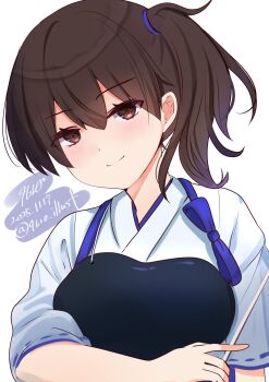 1girl 9610_(kuroto) artist_name black_hair brown_eyes dated highres japanese_clothes kaga_(kancolle) kantai_collection kimono long_hair muneate side_ponytail simple_background solo tasuki white_background white_kimono