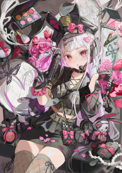 1girl animal_ears belt black_belt black_gloves black_neckerchief black_thighhighs bow bowtie bug butterfly cellphone collar commentary_request cosmetics fake_animal_ears fishnet_thighhighs fishnets flower gloves gun hair_ornament handgun headset heart heart_hair_ornament highres holding holding_gun holding_weapon insect lipstick long_hair looking_at_viewer makeup makeup_palette neckerchief negimapurinn object_request original pencil_skirt phone pink_bow pink_bowtie pink_eyes police police_uniform policewoman rabbit_ears rose skirt smartphone solo string stuffed_animal stuffed_toy thighhighs tulip weapon white_hair zettai_ryouiki