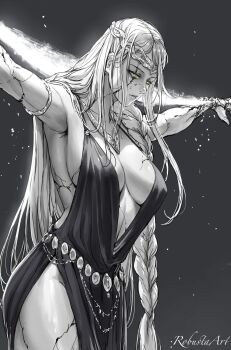 1girl armlet armpits artist_name belt bracelet braid breasts cleavage cowboy_shot cracked_skin crown crucifixion dress elden_ring greyscale hair_over_shoulder highres jewelry large_breasts long_hair monochrome necklace outstretched_arms plunging_neckline queen queen_marika_the_eternal robusta_mania side_slit side_split solo spread_arms t-pose very_long_hair yellow_eyes