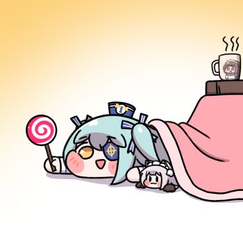 2girls alterkero animal_ears animal_hands apron aqua_hair blush_stickers brown_hair candy cat_ears cat_girl cup eyepatch food gloves gradient_background grey_hair hat highres holding holding_candy holding_food holding_lollipop kotatsu last_origin lollipop long_hair lrl_(last_origin) maid maid_apron maid_headdress mini_perrault_(last_origin) mug multiple_girls paw_gloves purple_eyes sailor_hat scissors_lise solid_oval_eyes swirl_lollipop table two_side_up under_kotatsu under_table yellow_eyes