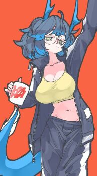 1girl 2024 artist_request baggy_pants breasts cleavage dragon_girl expressionless glasses horns large_breasts looking_at_viewer midriff navel pants source_request sweater tail