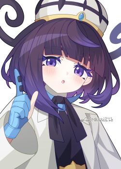 1girl 4rion :o absurdres black_dress black_hair blue_gloves bob_cut coat commentary dress eyelashes gloves gradient_hair gwynn_(pokemon) hat highres index_finger_raised long_sleeves looking_at_viewer multicolored_hair nintendo open_clothes open_coat partially_fingerless_gloves pokemon pokemon_legends:_z-a purple_eyes purple_hair short_hair simple_background solo tareme twitter_username upper_body white_background white_coat white_hat