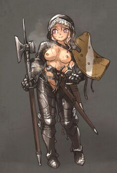 1girl armor black_armor blonde_hair breasts convenient_censoring couter cuisses dagger ebenholz_(ironlily) facing_viewer full_body gauntlets greaves grey_background halberd highres holding holding_polearm holding_weapon ironlily knife leather_strap light_smile long_hair looking_to_the_side medium_breasts naked_armor nipples original pauldrons pink_eyes plate_armor polearm poleyn rerebrace reverse_bikini_armor reverse_outfit sabaton sallet scabbard scar scar_on_breasts scar_on_face sheath sheathed shield shoulder_armor simple_background solo standing sword vambraces weapon