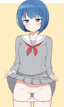 1girl absurdres blue_eyes blue_hair blush bob_cut border breasts censored chataring_mai closed_mouth clothes_lift collarbone commentary_request cowboy_shot grey_serafuku grey_shirt grey_skirt groin highres kiritani_haruka lifting_own_clothes long_sleeves looking_at_viewer miyamasuzaka_girls'_academy_school_uniform mosaic_censoring neckerchief outside_border panties panty_pull partial_commentary pleated_skirt project_sekai pussy raised_inner_eyebrows red_neckerchief sailor_collar school_uniform serafuku shirt short_hair sidelocks simple_background skirt skirt_lift small_breasts smile solo standing underwear white_border white_panties white_sailor_collar yellow_background