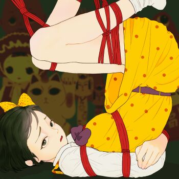 1girl black_eyes black_hair bow bowtie collared_shirt dress hair_ribbon highres looking_at_viewer midori_(shoujo_tsubaki) neck_ribbon polka_dot polka_dot_dress purple_bow purple_bowtie ribbon shibari shirt shoujo_tsubaki socks solo upside-down user_futg8827 white_shirt white_socks yellow_dress yellow_ribbon