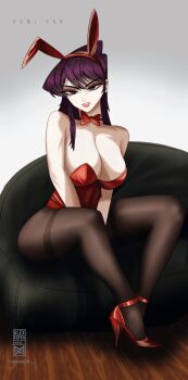 animal_ears bean_bag_chair bow breasts high_heels highres huge_breasts komi-san_wa_komyushou_desu komi_shouko light_smile playboy_bunny purple_eyes purple_hair rabbit_ears rabbit_girl red_bow red_shoes seductive_smile shoes sitting smile stiletto_heels themaker thighhighs wooden_floor