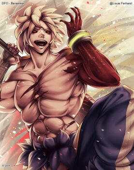 Rule 34 | abs, biceps, blonde hair, broad shoulders, colored skin, demon, demon boy, dnf duel, dungeon and fighter, glowing, glowing eyes, highres, holding, holding sword, holding weapon, huge pectorals, large pectorals, louie ferhanil, manly, martial arts, muscular, muscular arms, muscular male, non-web source, pectorals, red eyes, red skin, ripped, sword, topless male, veins, veiny arms, weapon