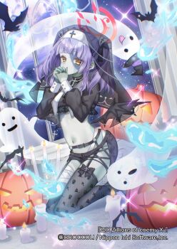 1girl bandaged_leg bandages bat_(animal) black_bow black_veil black_wings blue_skin bow candle chierishu colored_skin copyright_notice covered_mouth fishnet_thighhighs fishnets hair_bow halo highres hitodama jack-o&#039;-lantern midriff moon mystica_sanctus navel nun official_art own_hands_clasped own_hands_together patchwork_skin praying purple_hair red_halo seiza sitting solo sparkle thighhighs twintails veil wings yellow_eyes z/x zombie zombification