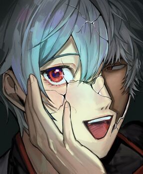 Rule 34 | 1boy, black background, black shirt, broken mask, collared shirt, cracked kawaii mask, cracked mask, eyelashes, gintama, hand on own face, highres, kjii011, looking to the side, male focus, mask, parted bangs, portrait, red eyes, sakata gintoki, shirt, short hair, sideways glance, simple background, solo, teeth, triangle mouth, upper teeth only, white hair