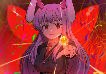 Rule 34 | 1girl, absurdres, animal ears, black jacket, blazer, breasts, closed mouth, collared shirt, commentary, ddok, english commentary, highres, incoming attack, jacket, large breasts, long hair, long sleeves, looking at viewer, necktie, purple hair, rabbit ears, rabbit girl, red eyes, red necktie, reisen udongein inaba, shirt, smile, solo, touhou, upper body, white shirt