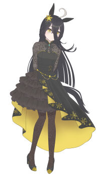 1girl absurdres ahoge animal_ears arms_behind_back asymmetrical_dress black_bow black_bowtie black_dress black_hair black_pantyhose black_skirt bow bowtie closed_mouth collared_dress commentary_request dot_mouth dress ear_covers flat_chest grey_hair hair_between_eyes hair_ornament highres horse_ears horse_tail lace lace_pantyhose layered_skirt long_hair long_hair_between_eyes looking_at_viewer manhattan_cafe_(umamusume) multicolored_hair okk1772 pantyhose pleated_skirt see-through_clothes see-through_dress simple_background skirt snowflake_hair_ornament solo tail umamusume very_long_hair white_background white_hair yellow_eyes