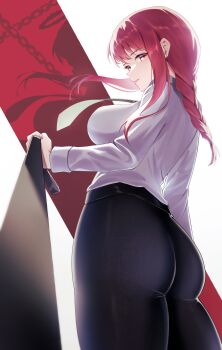 Rule 34 | 1girl, absurdres, ass, black pants, breasts, chainsaw man, commentary request, cowboy shot, eiryu33, from behind, from below, highres, holding, holding leash, large breasts, leash, long hair, long sleeves, looking at viewer, looking back, makima (chainsaw man), pants, pov, red background, red eyes, red hair, shirt, shirt tucked in, two-tone background, viewer on leash, white background, white shirt