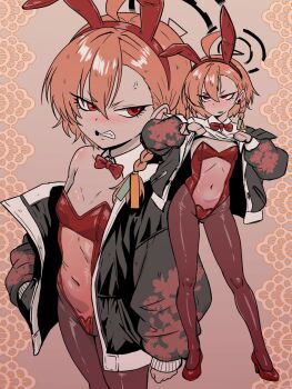 1girl ahoge anger_vein angry animal_ear_hairband animal_ears black_jacket black_pantyhose blue_archive blush bow bowtie braid breasts clenched_teeth covered_navel detached_collar earrings fake_animal_ears floral_print floral_print_jacket hair_ornament hairband halo hand_in_pocket high_heels highres jacket jewelry leotard multiple_views mumutamu neru_(blue_archive) neru_(bunny)_(blue_archive) open_clothes open_jacket orange_hair pantyhose playboy_bunny rabbit_ear_hairband rabbit_ears red_eyes red_hairband red_leotard red_shoes see-through_clothes see-through_leotard shoes short_hair side_braid small_breasts solo standing sukajan teeth